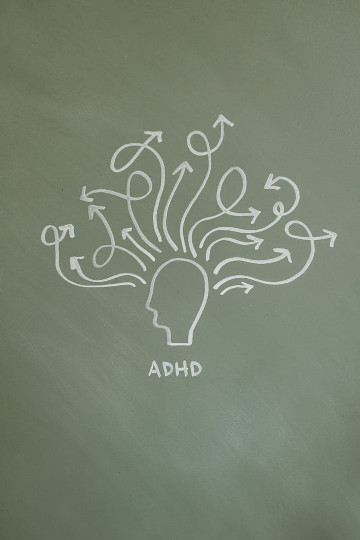 Creative ADHD illustration on chalkboard depicting thought processes with arrows.